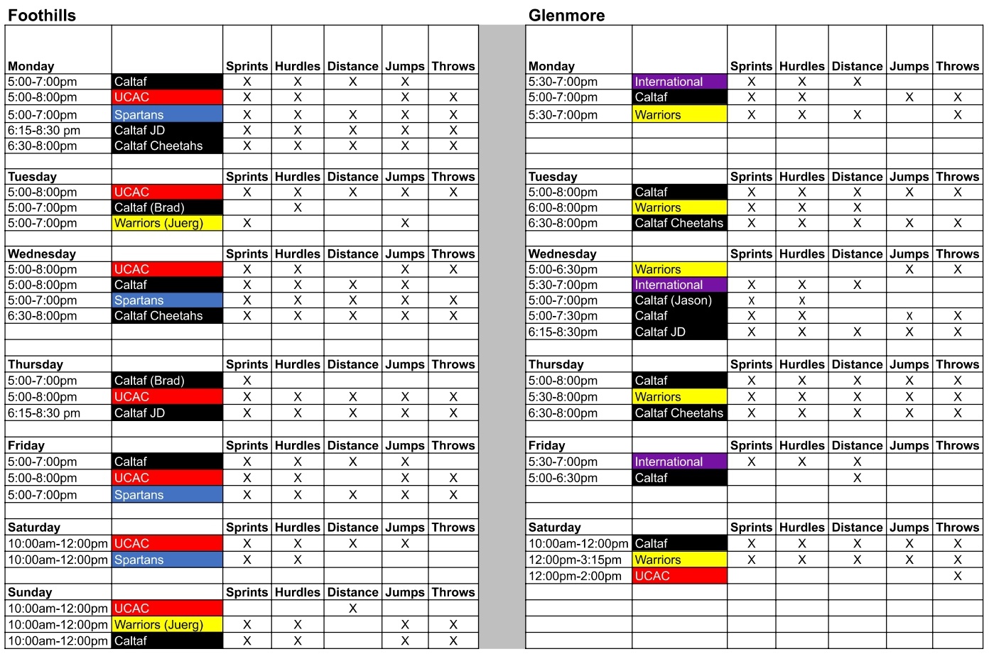 Outdoor Training Times